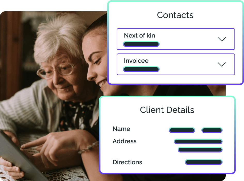 OneTouch software showing a client details and contacts screen for domiciliary care management