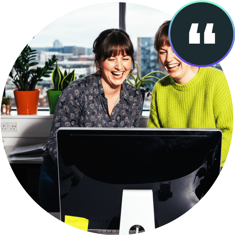 A woman in a yellow top sharing a testimonial about the HR toolkit, shown in a circular portrait