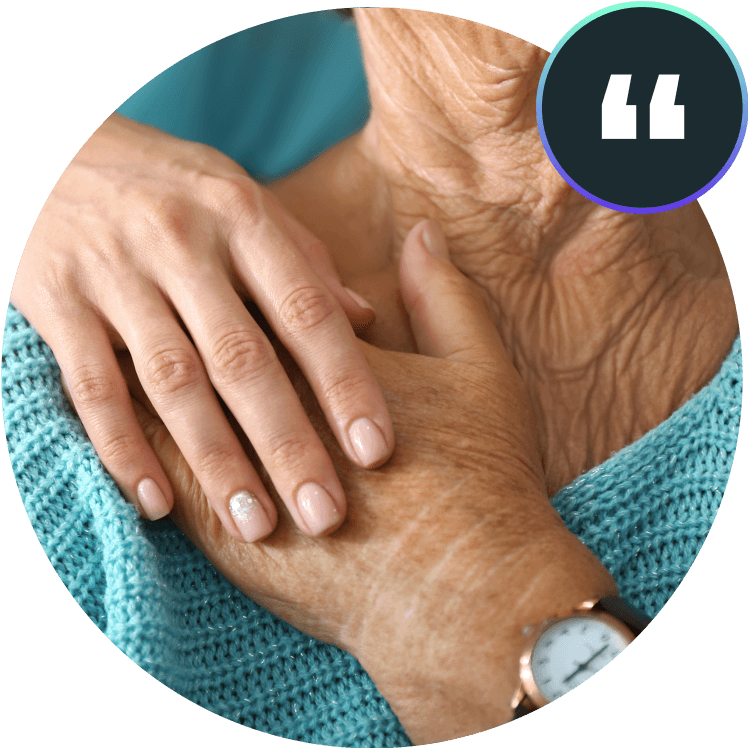 A care professional sharing a testimonial about medication management, shown in a circular portrait