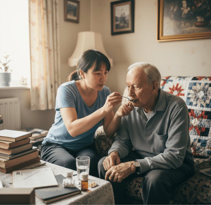 An elderly person sitting with a caregiver in a home setting, representing care management tools