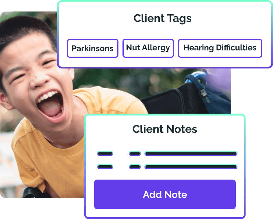 OneTouch software screen showing client tags including Parkinson's, Nut Allergy, and Hearing Difficulty