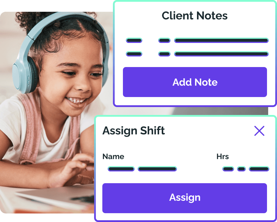 OneTouch mobile app interface showing a girl notes screen with an assign shift feature for learning disabilities support